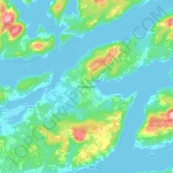 Topografinen kartta Kolvereid, korkeus, helpotus