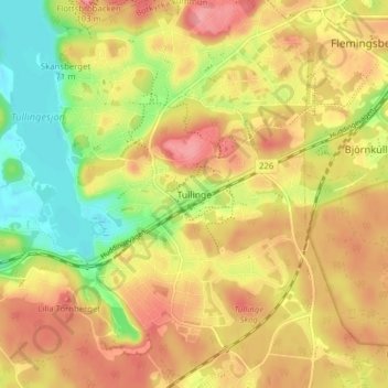 Topografinen kartta Tullinge, korkeus, helpotus