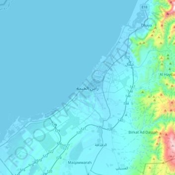 Topografinen kartta Ras Al Khaimah, korkeus, helpotus