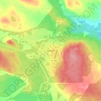 Topografinen kartta Boliden, korkeus, helpotus