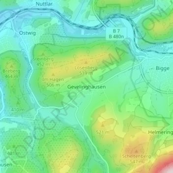 Topografinen kartta Gevelinghausen, korkeus, helpotus