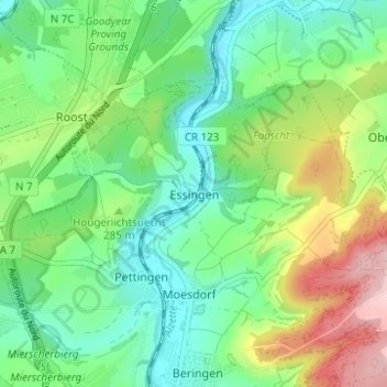 Topografinen kartta Essingen, korkeus, helpotus