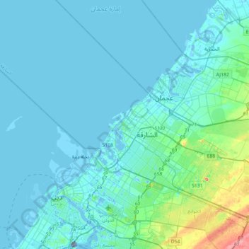 Topografinen kartta Sharjah, korkeus, helpotus