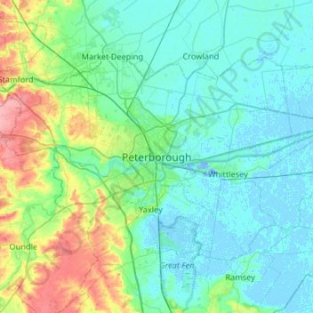 Topografinen kartta Peterborough, korkeus, helpotus