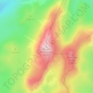 Topografinen kartta Mount Kosciuszko, korkeus, helpotus