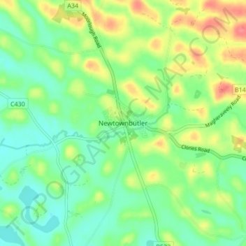 Topografinen kartta Newtownbutler, korkeus, helpotus