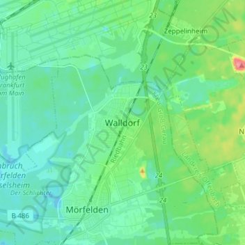 Topografinen kartta Walldorf, korkeus, helpotus