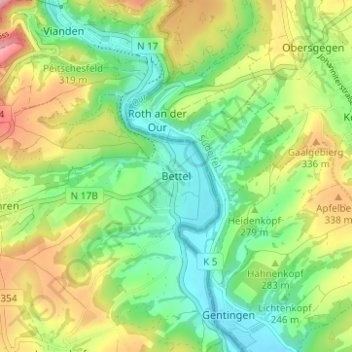 Topografinen kartta Bettel, korkeus, helpotus