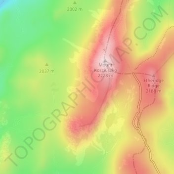 Topografinen kartta Australian Alps, korkeus, helpotus