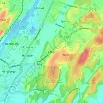 Topografinen kartta Begby, korkeus, helpotus