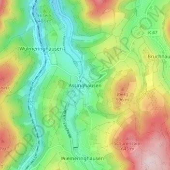 Topografinen kartta Assinghausen, korkeus, helpotus