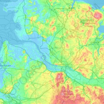 Topografinen kartta Pinneberg, korkeus, helpotus