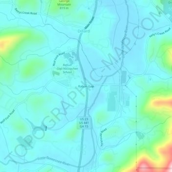 Topografinen kartta Rabun Gap, korkeus, helpotus