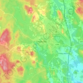 Topografinen kartta Tikkakoski, korkeus, helpotus