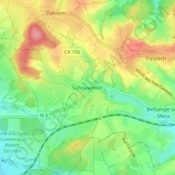 Topografinen kartta Schouweiler, korkeus, helpotus