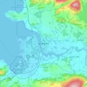 Topografinen kartta Verdalsøra, korkeus, helpotus