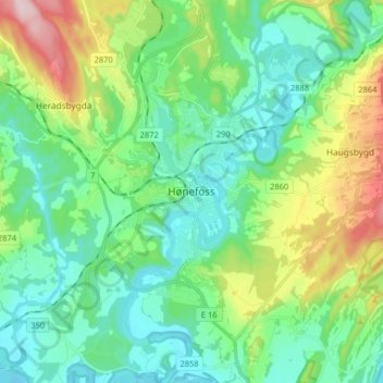 Topografinen kartta Hønefoss, korkeus, helpotus