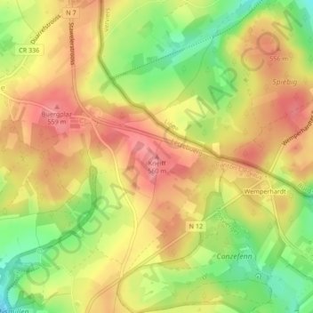 Topografinen kartta Kneiff, korkeus, helpotus
