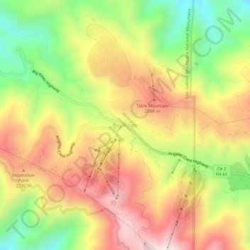 Topografinen kartta Big Pines, korkeus, helpotus