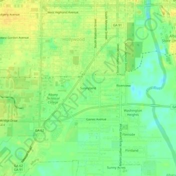 Topografinen kartta Sunnyland, korkeus, helpotus