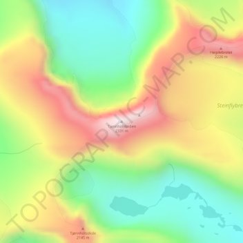 Topografinen kartta Tjønnholstinden, korkeus, helpotus