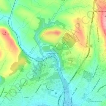 Topografinen kartta Upper Glasgow, korkeus, helpotus