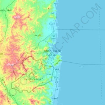 Topografinen kartta Khor Fakkan, korkeus, helpotus