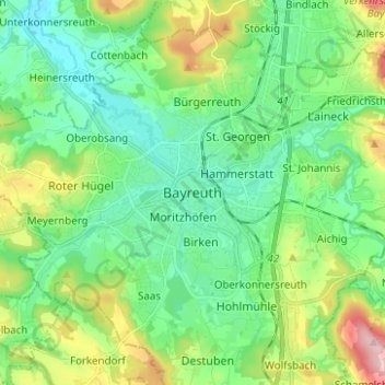 Topografinen kartta Bayreuth, korkeus, helpotus