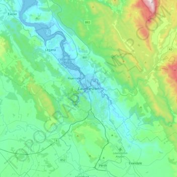 Topografinen kartta Launceston, korkeus, helpotus