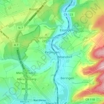 Topografinen kartta Pettingen, korkeus, helpotus