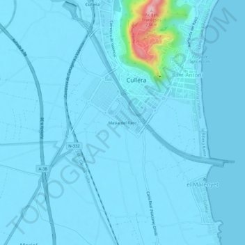 Topografinen kartta Masia del Raco, korkeus, helpotus