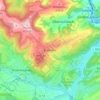 Topografinen kartta Eulenbis, korkeus, helpotus