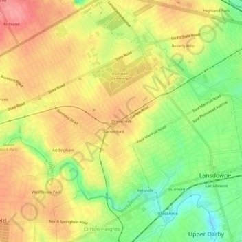 Topografinen kartta Drexel Hill, korkeus, helpotus