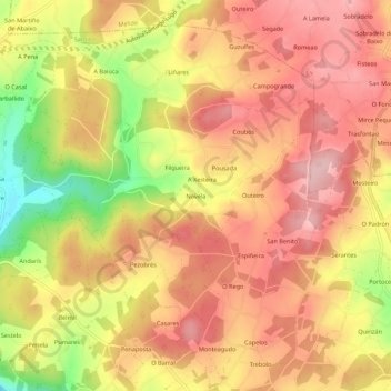 Topografinen kartta Novela, korkeus, helpotus