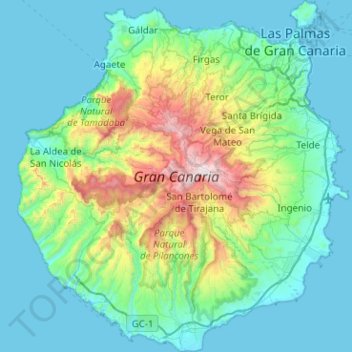 Topografinen kartta Gran Canaria, korkeus, helpotus