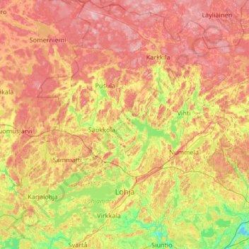 Topografinen kartta Lohja, korkeus, helpotus