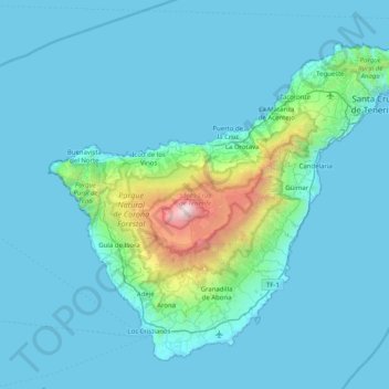 Topografinen kartta Teneriffa, korkeus, helpotus