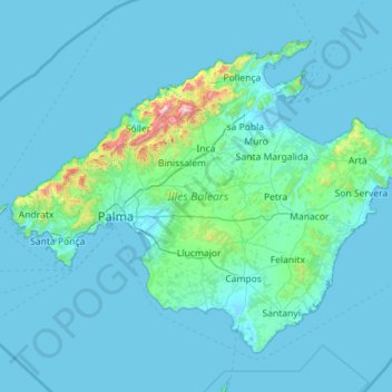 Topografinen kartta Mallorca, korkeus, helpotus