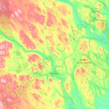Topografinen kartta Älvsbyns kommun, korkeus, helpotus