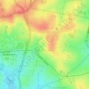 Topografinen kartta Mount Lewis, korkeus, helpotus