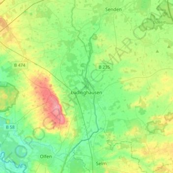 Topografinen kartta Lüdinghausen, korkeus, helpotus