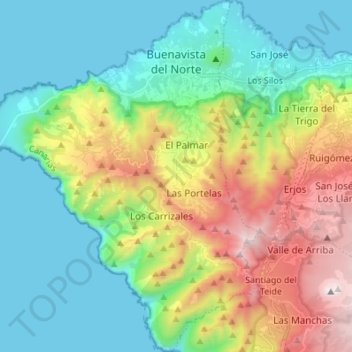 Topografinen kartta Buenavista del Norte, korkeus, helpotus