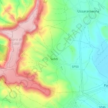 Topografinen kartta Siddi, korkeus, helpotus