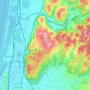 Topografinen kartta Zikhron Yaakov, korkeus, helpotus