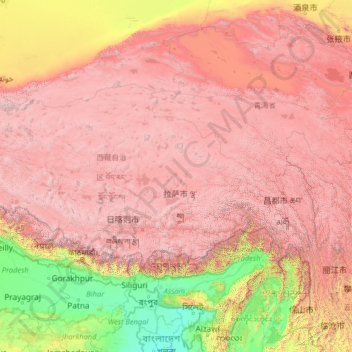 Topografinen kartta Tiibetin autonominen alue, korkeus, helpotus