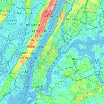 Topografinen kartta Manhattan, korkeus, helpotus