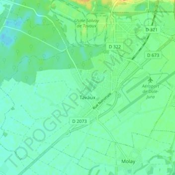 Topografinen kartta Tavaux, korkeus, helpotus