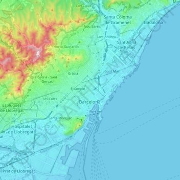 Topografinen kartta Barcelona, korkeus, helpotus
