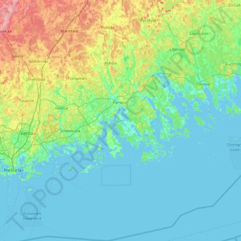Topografinen kartta Porvoon seutukunta, korkeus, helpotus