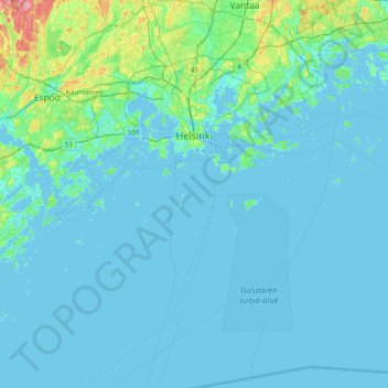 Topografinen kartta Helsinki, korkeus, helpotus